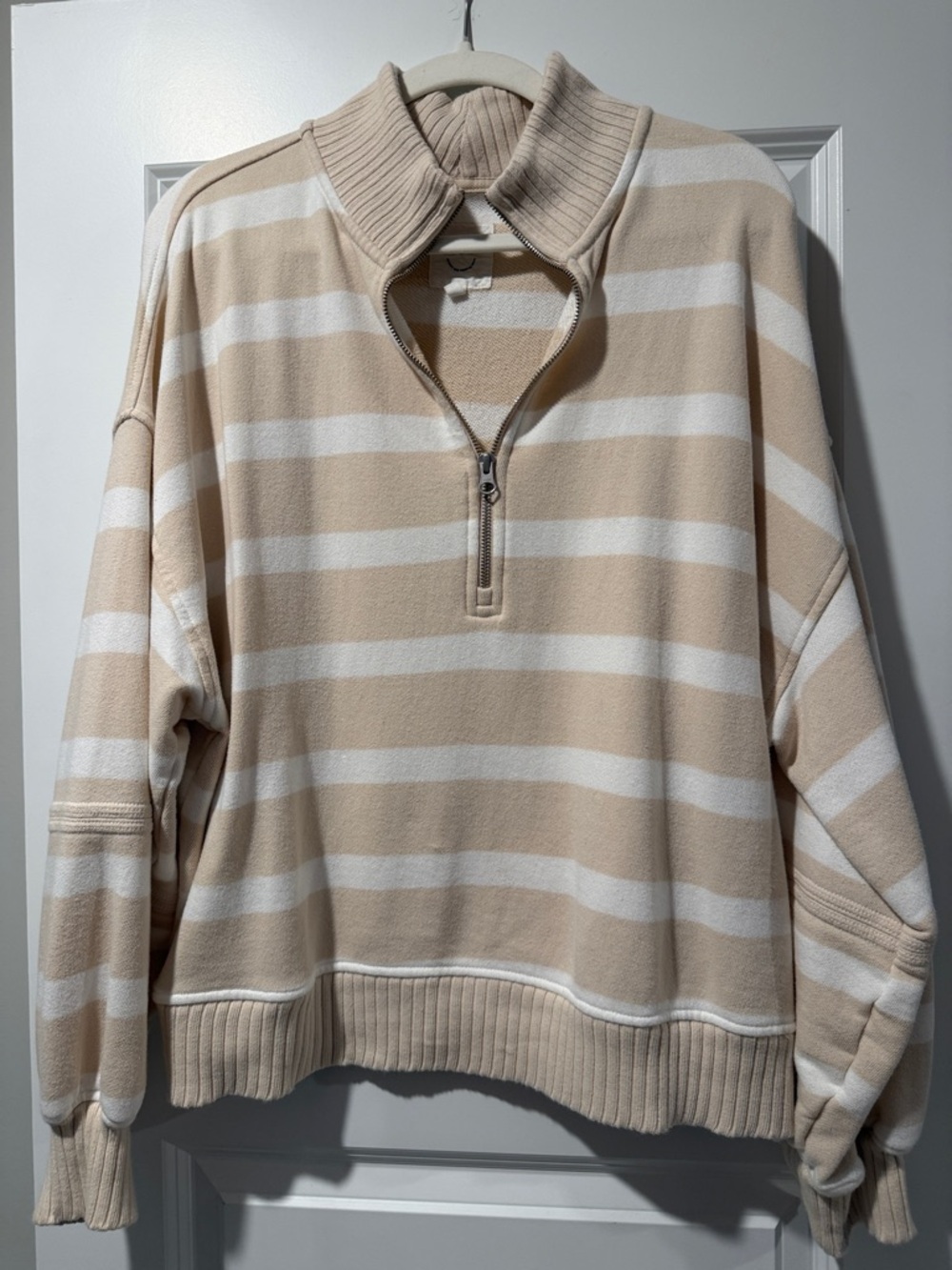 aerie Beige and White Striped Half-Zip Pullover